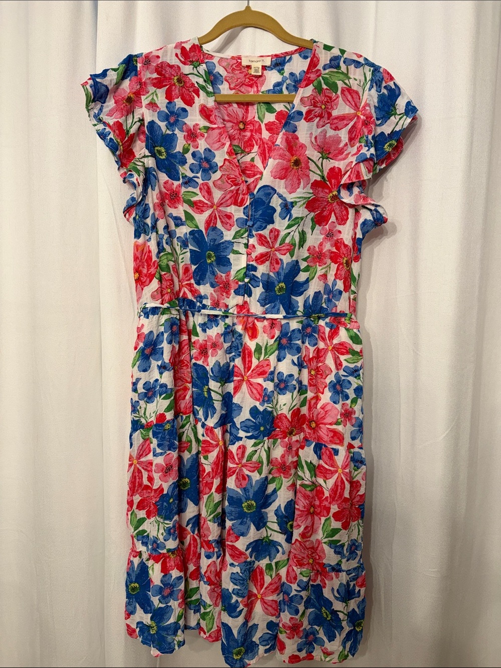 Floral V-Neck Mini Dress in White with Pink & Blue Blooms